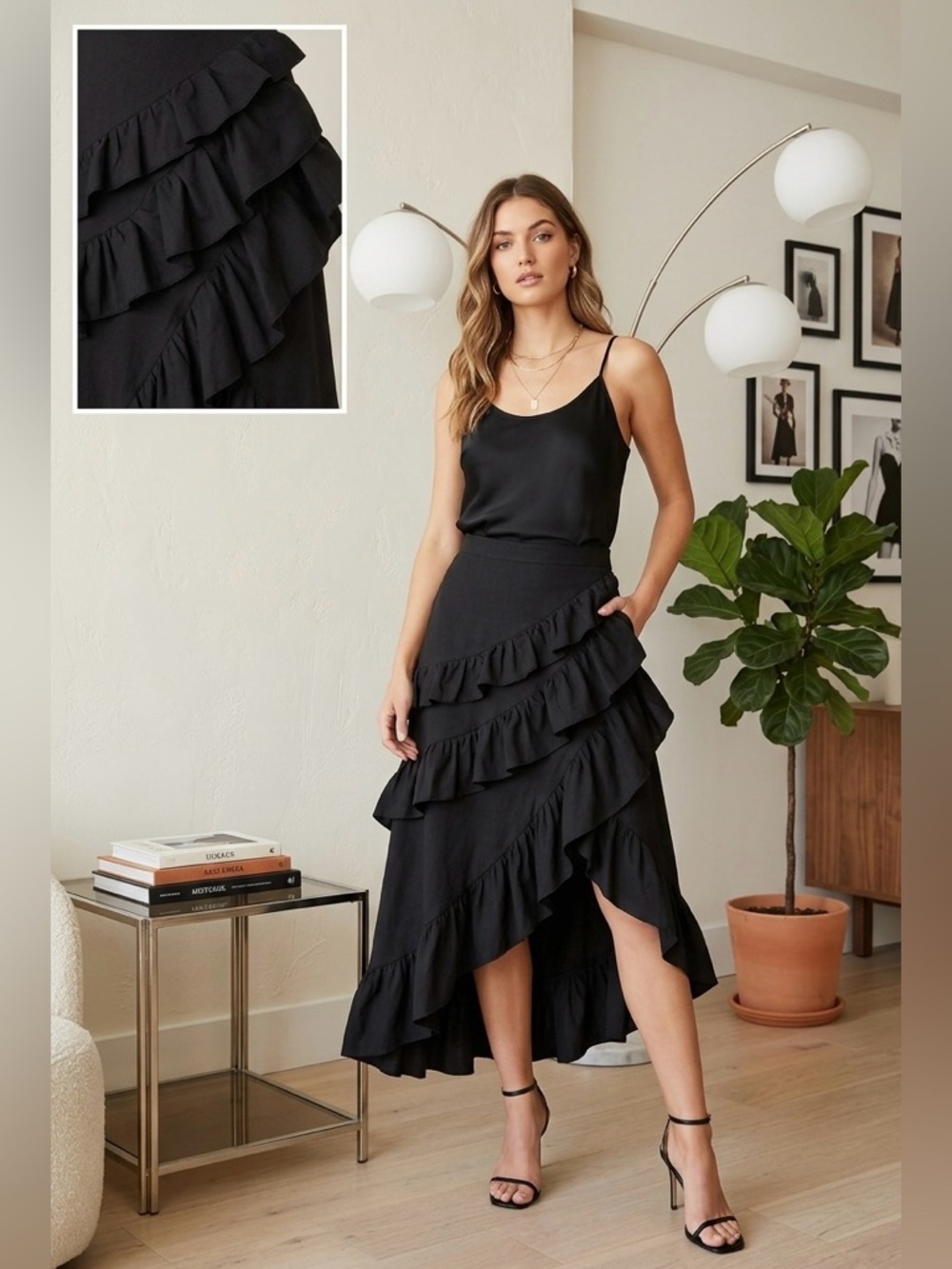 Black Ruffle Asymmetrical Midi Skirt - Women-✨ Black Ruffle Skirt – Size S ✨